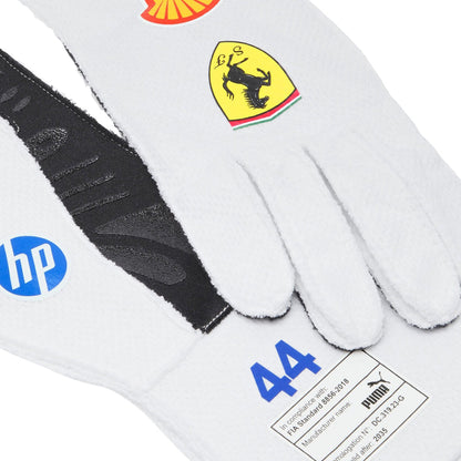 Lewis Hamilton 2025 Miami GP White race gloves with logos of Ferrari, HP, and Puma on a white background