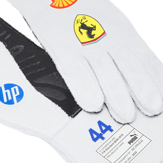 Lewis Hamilton 2025 Miami GP White race gloves with logos of Ferrari, HP, and Puma on a white background