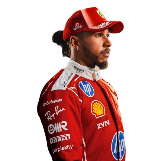 Lewis Hamilton wearing a Ferrari F1 2026 red racing suit with various sponsor logos - Stormx Gear