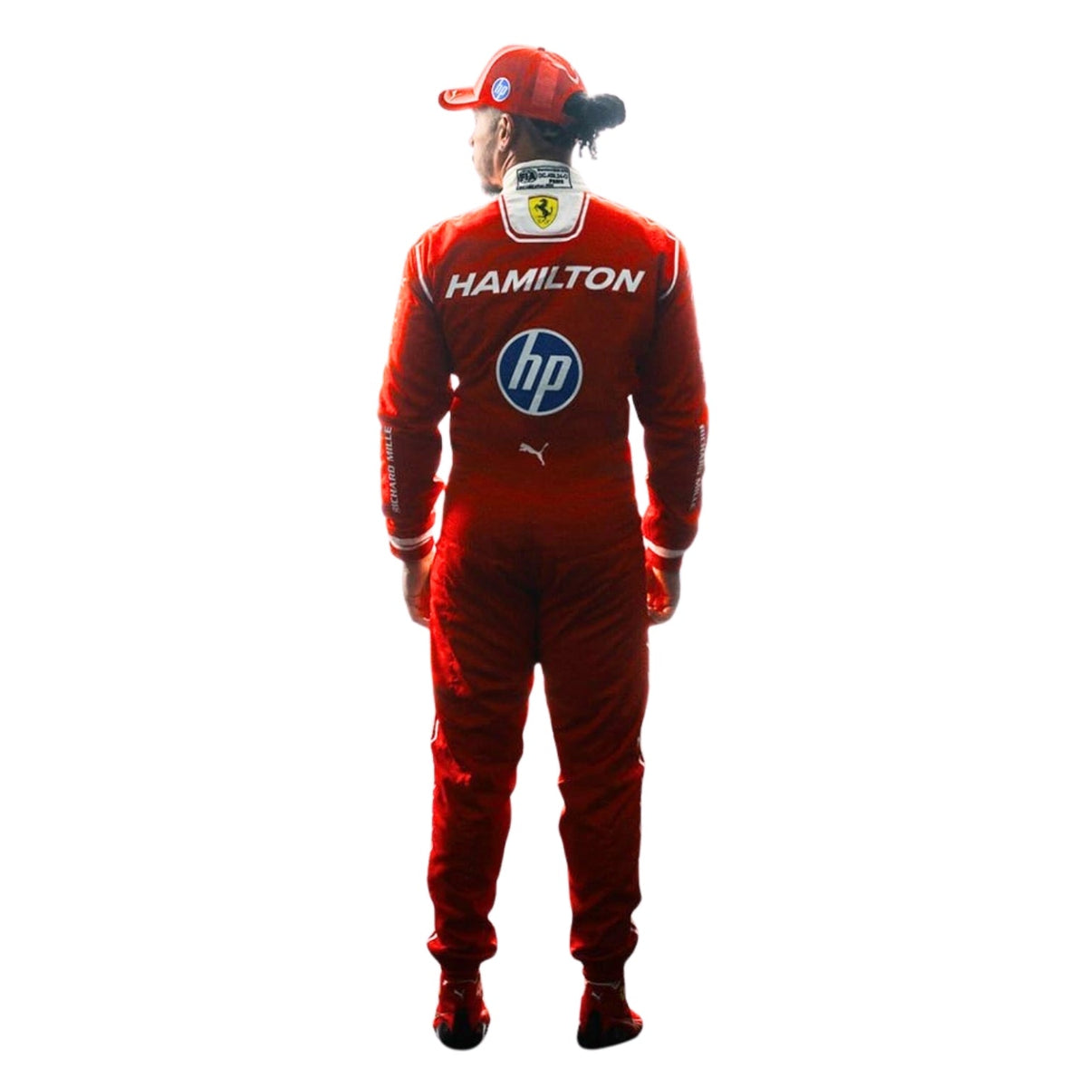 Lewis Hamilton wearing a Ferrari 2026 red F1 racing suit with 'Hamilton' and 'hp' logos - StormX Gear