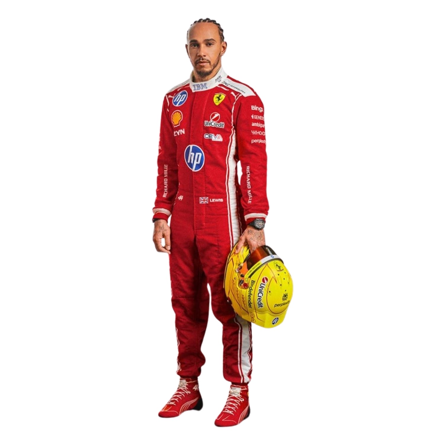 Lewis Hamilton a red 2026 Ferrari F1 racing suit with various sponsor logos, holding a yellow helmet - StormX Gear