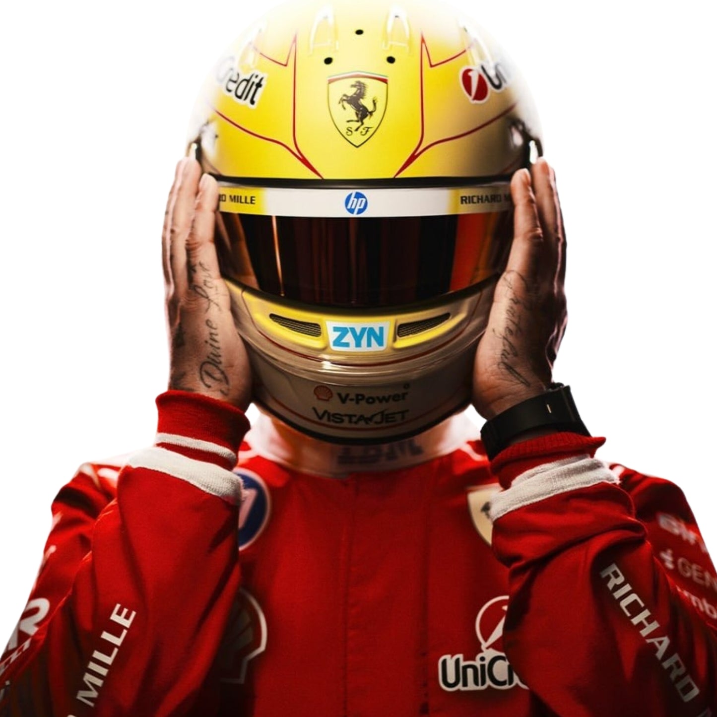 Lewis Hamilton wearing a yellow racing helmet with multiple brand logos on a white background - StormX Gear