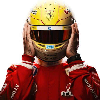 Lewis Hamilton wearing a yellow racing helmet with multiple brand logos on a white background - StormX Gear