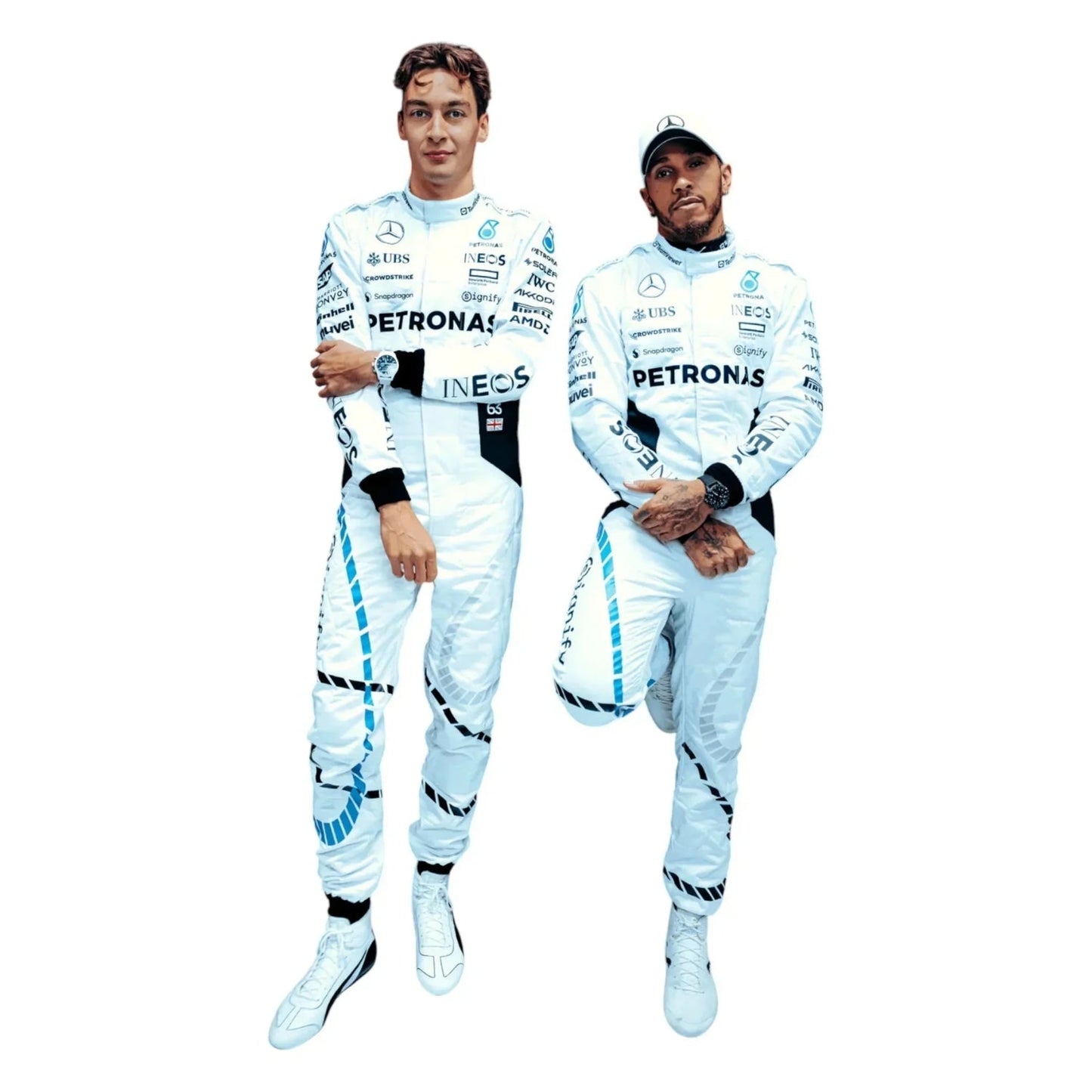 Lewis Hamilton & George Russell 2024 Qatar GP white F1 racing suits front view
