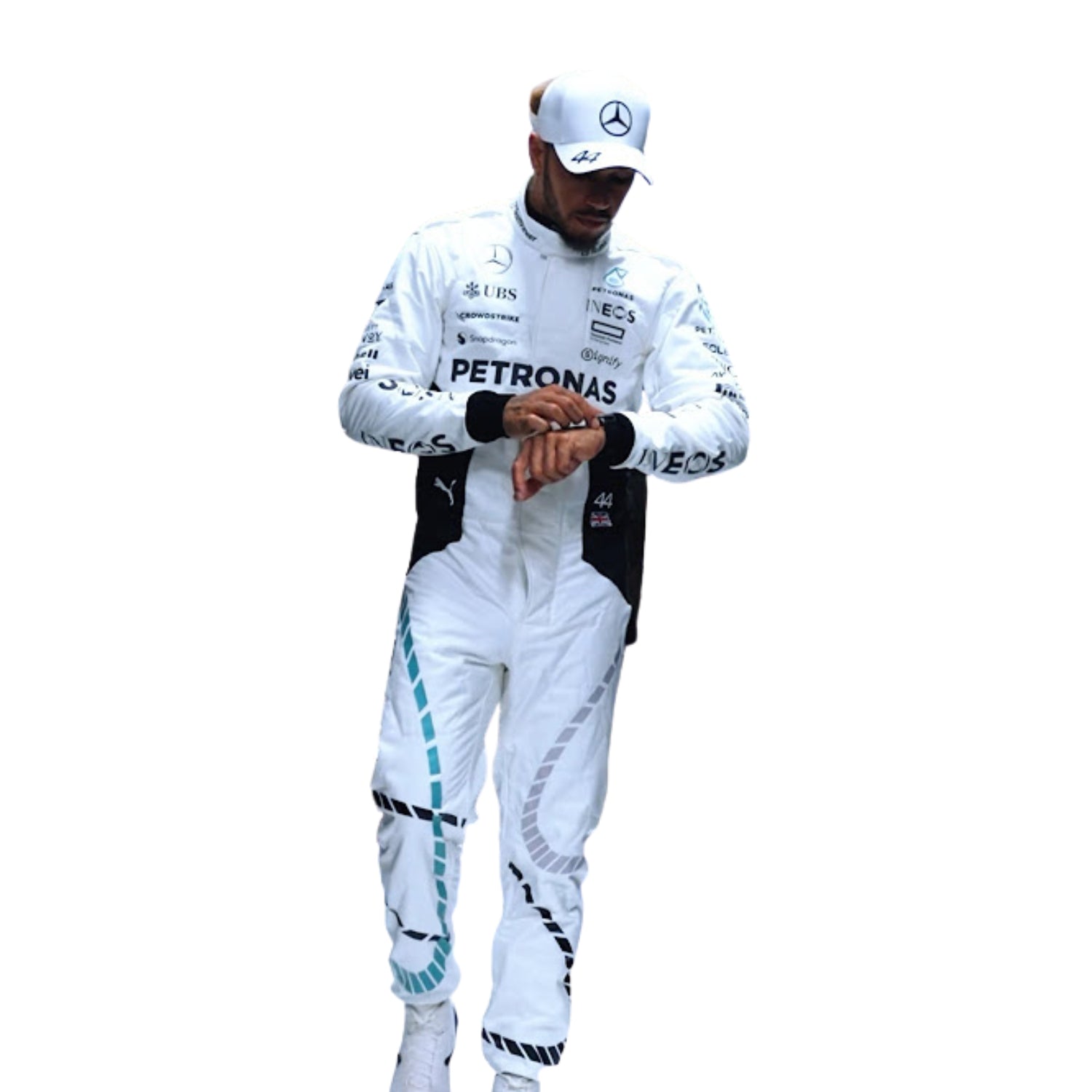 Lewis Hamilton 2024 Qatar GP white F1 racing suit front design with bold detailing