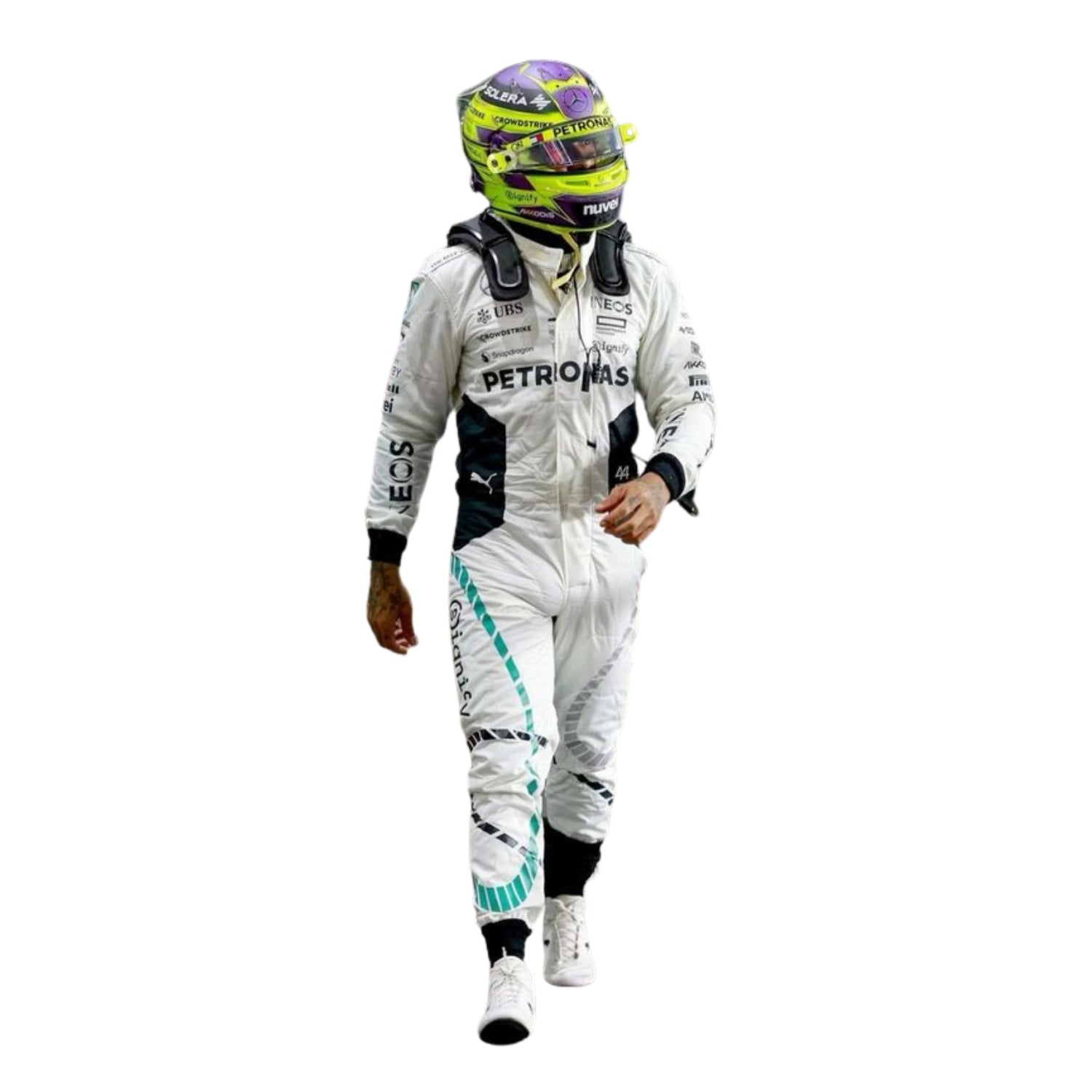 Lewis Hamilton 2024 Qatar GP white F1 racing suit front design with bold detailing