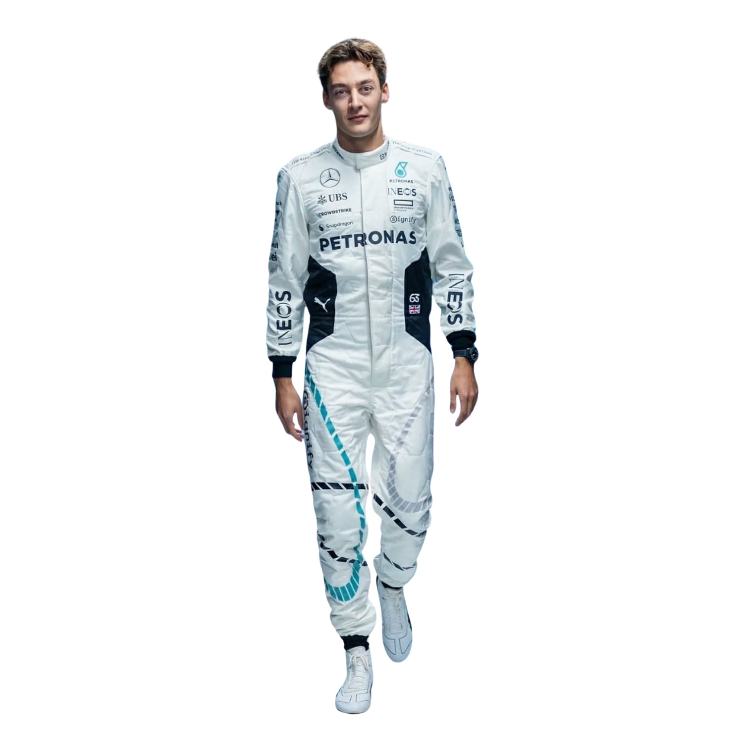 George Russell 2024 Qatar GP F1 racing suit front view in black and teal with Petronas branding