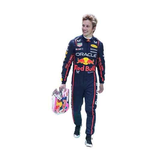 Front view of Liam Lawson 2025 F1 racing suit holding helmet in red, blue, and yellow with ergonomic design and fire-resistant, breathable fabric.

