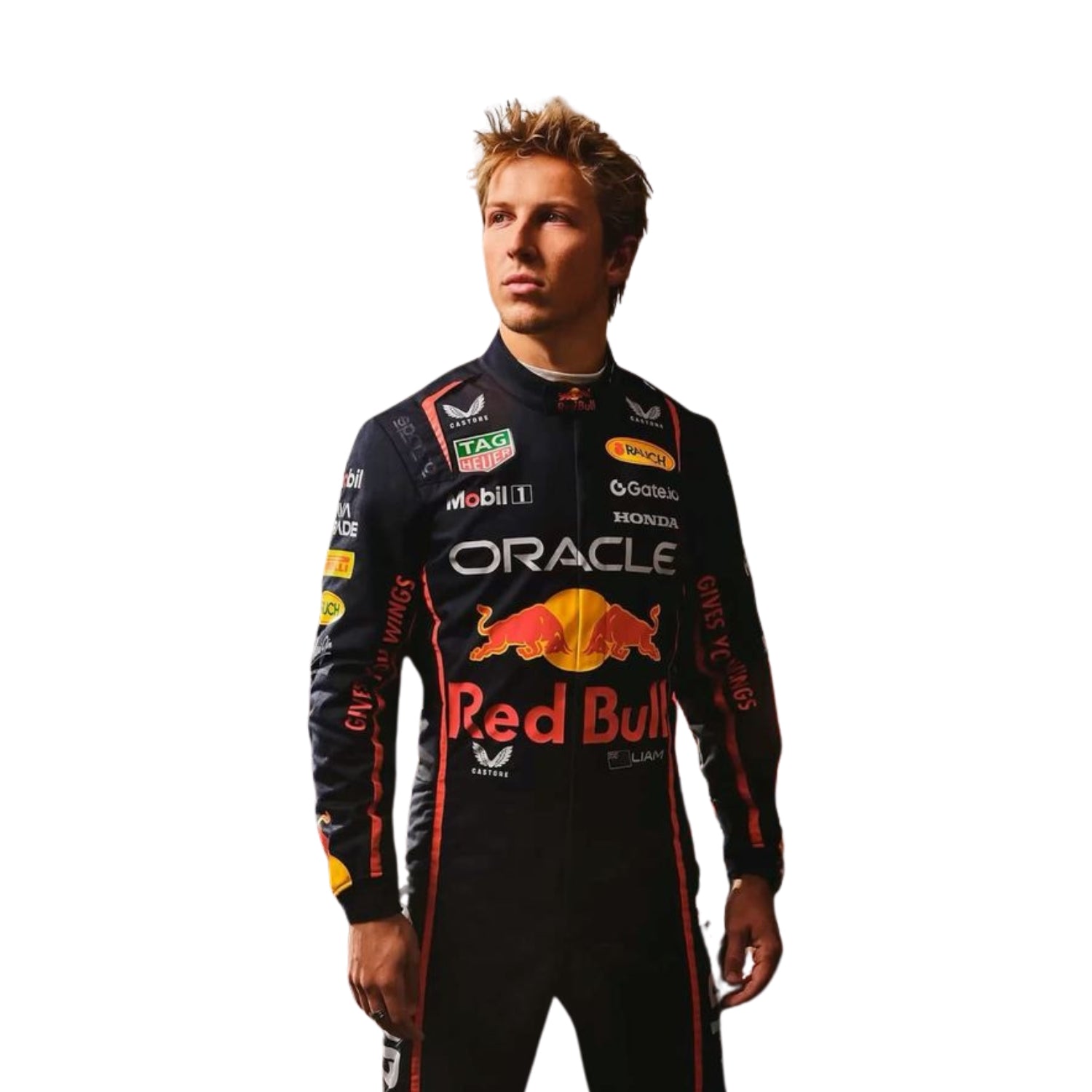 Front view of Liam Lawson 2025 F1 racing suit in red, blue, and yellow with ergonomic design and fire-resistant, breathable fabric.

