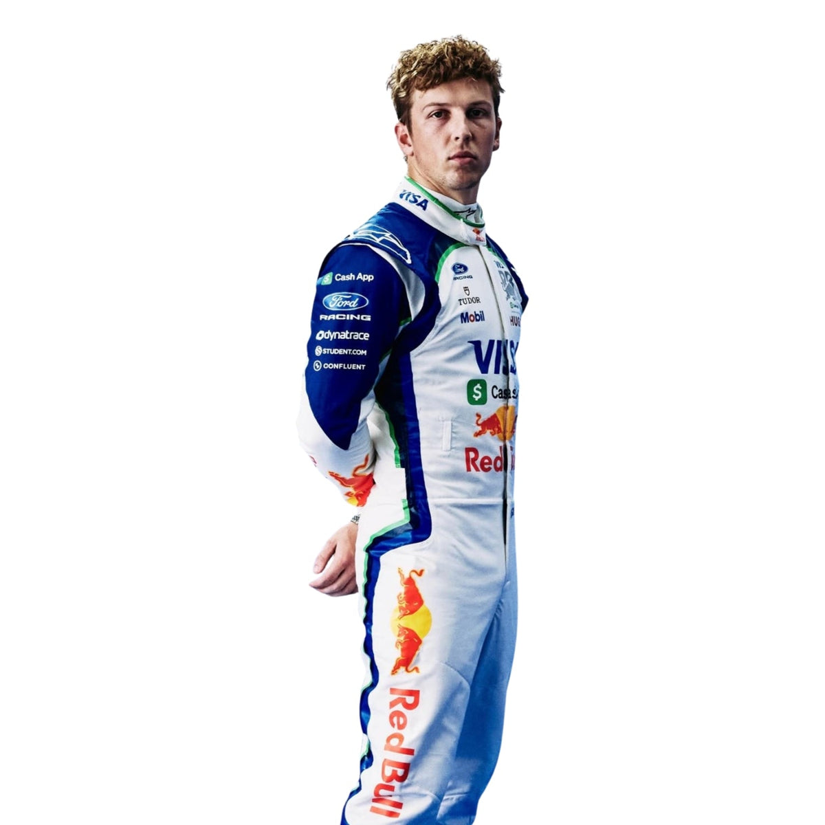 Liam Lawson wearing a Racing Bull racing suit with various sponsor logos with Close View