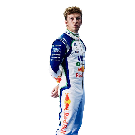 Liam Lawson wearing a Racing Bull racing suit with various sponsor logos with Close View