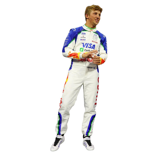 Liam Lawson wearing a Racing Bull racing suit with various sponsor logos with Close View