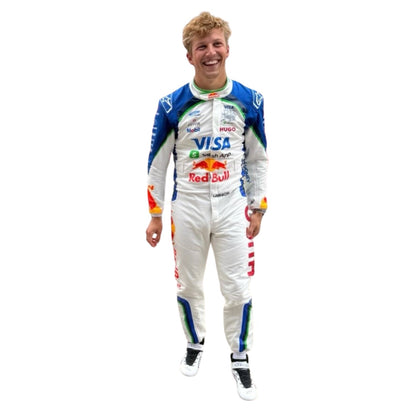 Liam Lawson wearing a Racing Bull racing suit with various sponsor logos with Front View