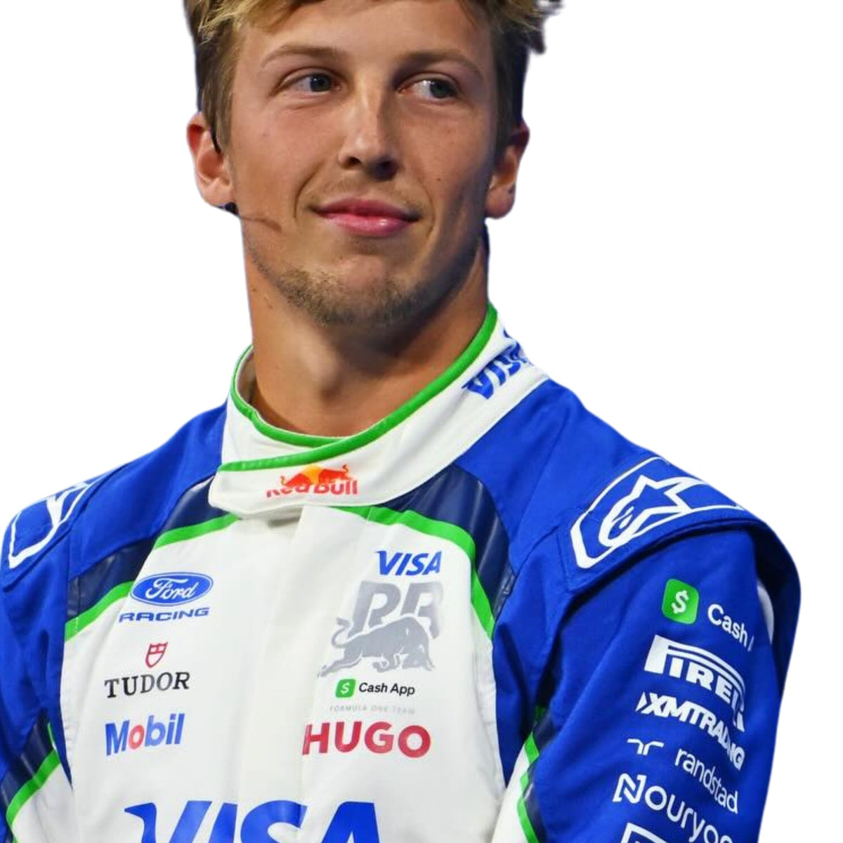 Liam Lawson wearing a Racing Bull racing suit with various sponsor logos with Close View