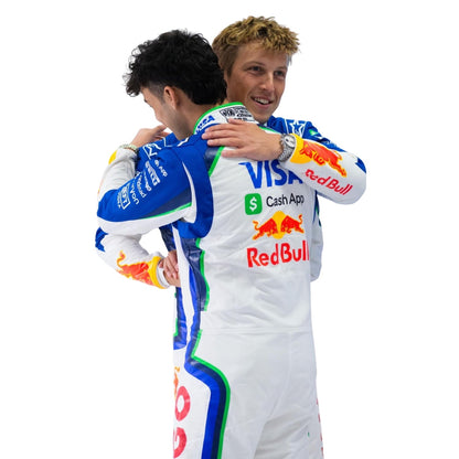Liam Lawson wearing a Racing Bull racing suit with various sponsor logos with Close View