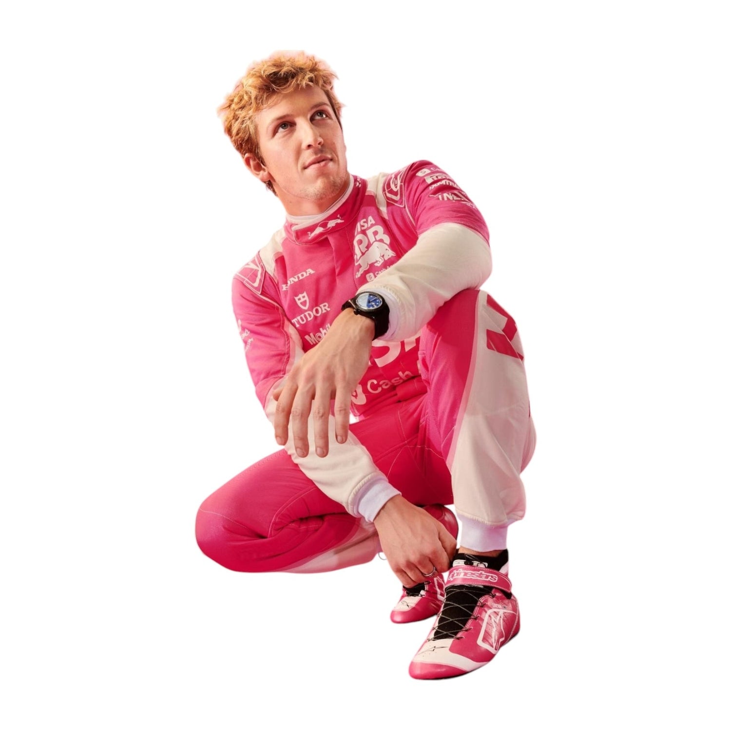 Liam Lawson in the 2025 Miami GP F1 race suit, showcasing a dynamic blend of white and pink colors with modern panel styling.