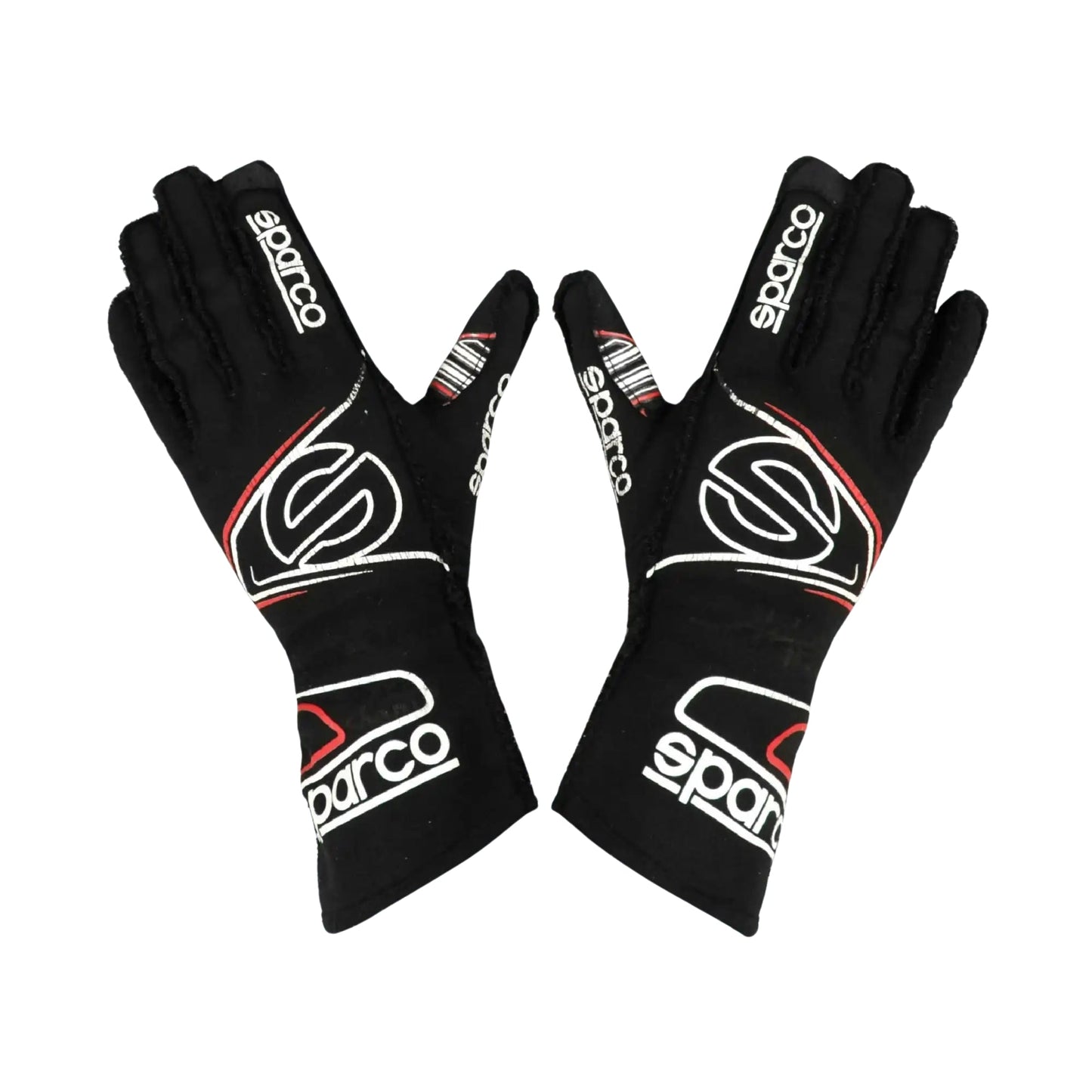 Pair of black Linus Lundqvist 2022 Indy Lights Race gloves with Sparco logo on a white background