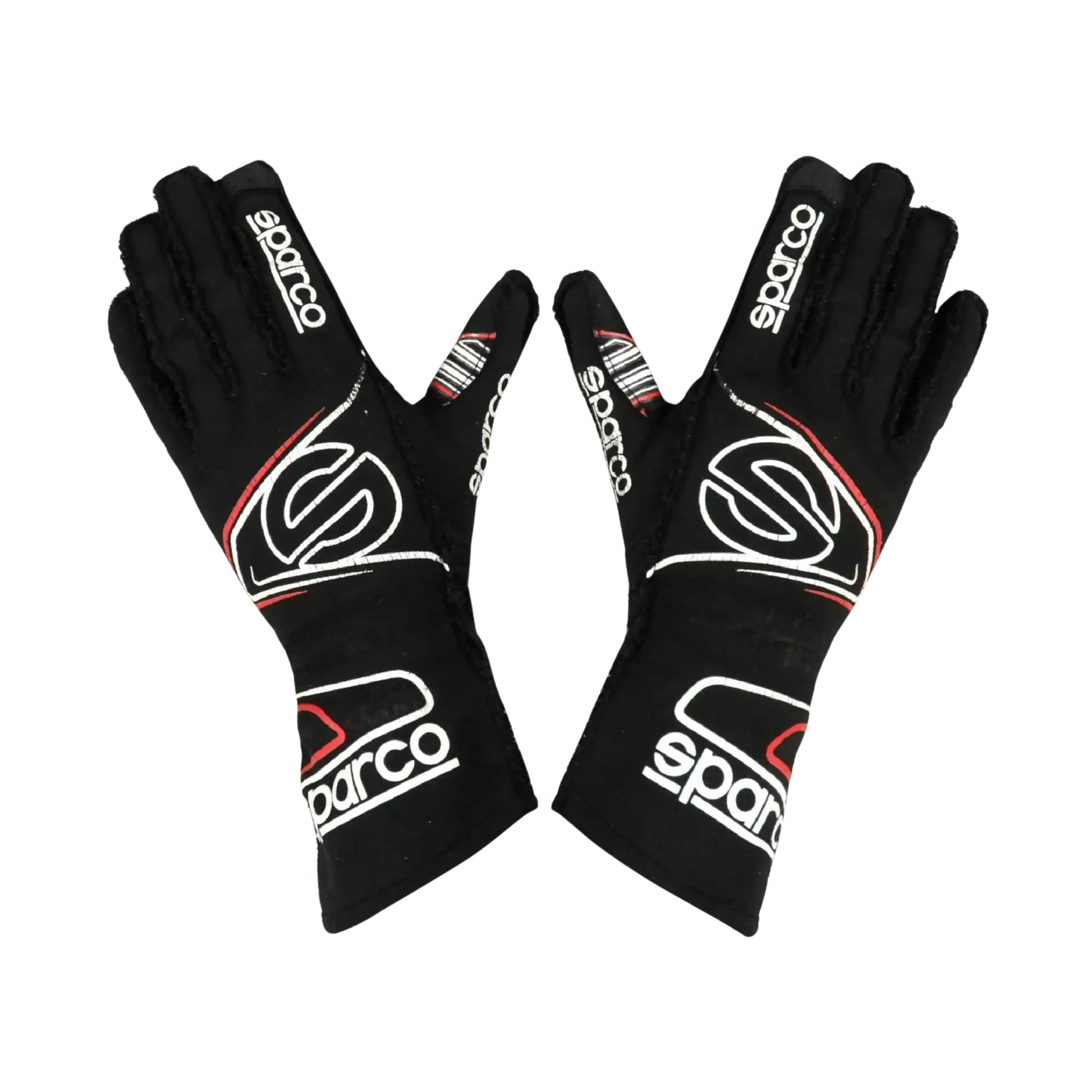 Pair of black Linus Lundqvist 2022 Indy Lights Race gloves with Sparco logo on a white background