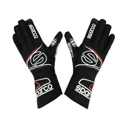 Pair of black Linus Lundqvist 2022 Indy Lights Race gloves with Sparco logo on a white background