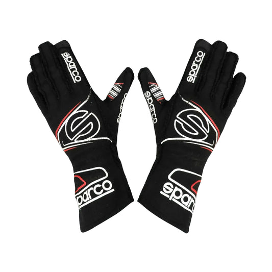 Pair of black Linus Lundqvist 2022 Indy Lights Race gloves with Sparco logo on a white background
