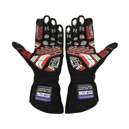 Pair of black Linus Lundqvist 2022 Indy Lights Race gloves with red and white accents on a white background