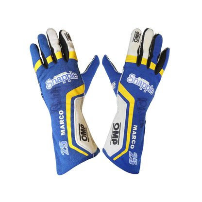 Pair of blue Marco Andretti 2014 Indy 500 race gloves with yellow and white accents on a white background
