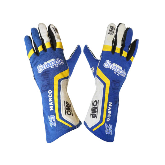 Pair of blue Marco Andretti 2014 Indy 500 race gloves with yellow and white accents on a white background