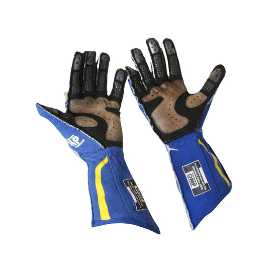 Pair of blue and black Marco Andretti 2014 Indy 500 race gloves with yellow accents on a white background