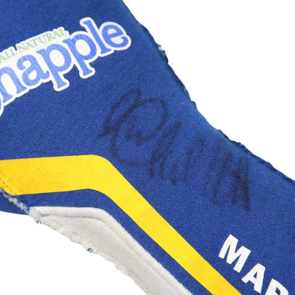 Blue and yellow Marco Andretti 2014 Indy 500 race glove with 'Snapple' branding and a signature on a white background