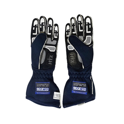 Pair of navy blue Max Chilton 2016 IndyCar race gloves with white and gray accents on a white background