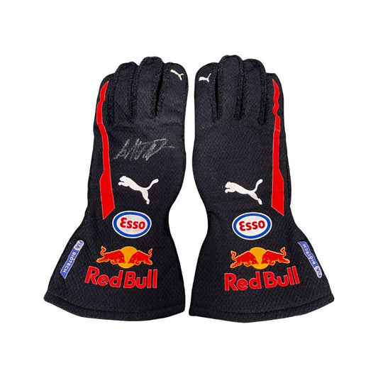 Pair of black Max Verstappen 2018 F1 race gloves with Red Bull and Esso branding on a white background
