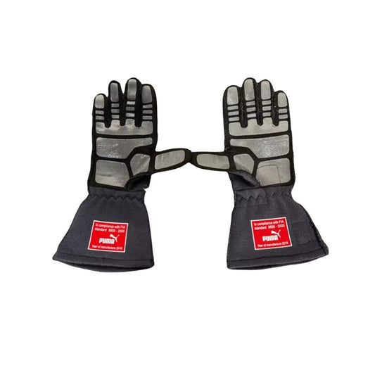 Pair of black and gray Max Verstappen 2018 F1 race gloves with red Puma labels on a white background