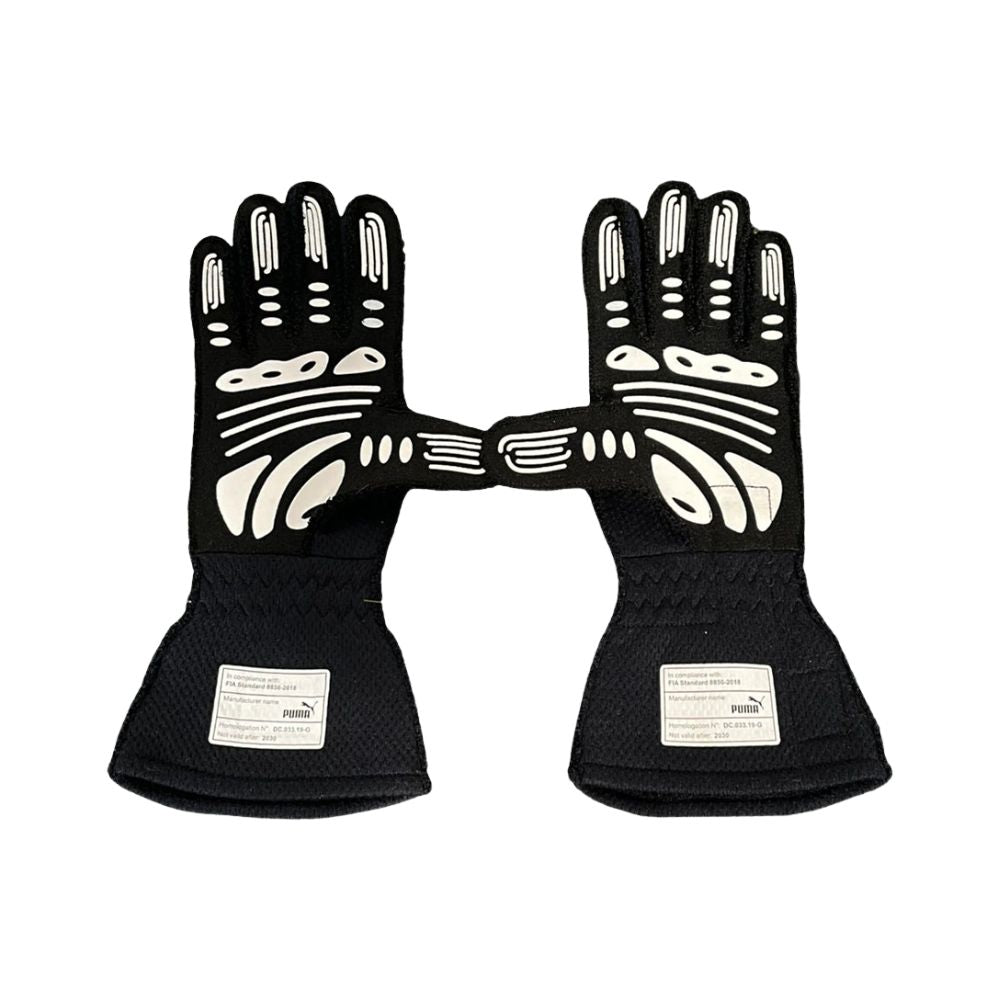 Pair of black  Max Verstappen 2020 F1 race gloves with white patterns on a white background