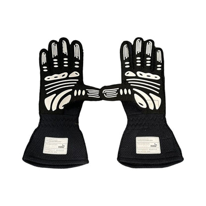 Pair of black  Max Verstappen 2020 F1 race gloves with white patterns on a white background