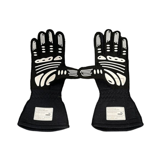 Pair of black  Max Verstappen 2020 F1 race gloves with white patterns on a white background
