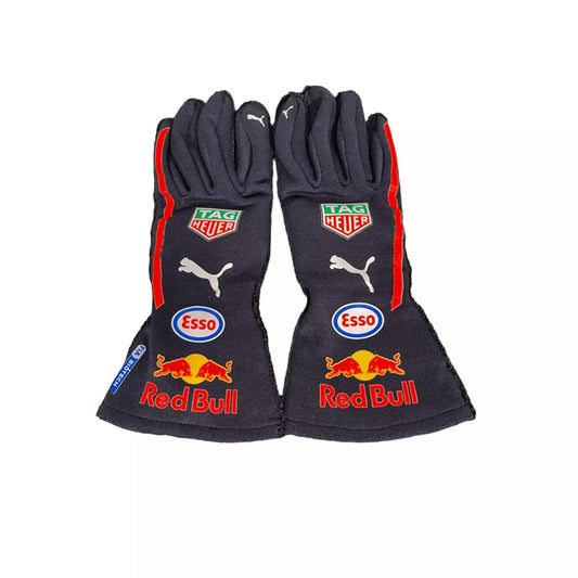 Pair of  Max Verstappen 2020 F1 race gloves with Red Bull and Puma logos on a white background