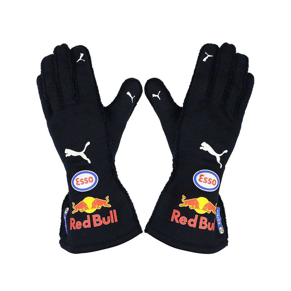 Black  Max Verstappen 2021 F1 race gloves with Red Bull and Esso logos on a white background