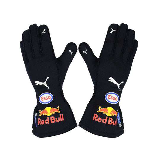 Black  Max Verstappen 2021 F1 race gloves with Red Bull and Esso logos on a white background