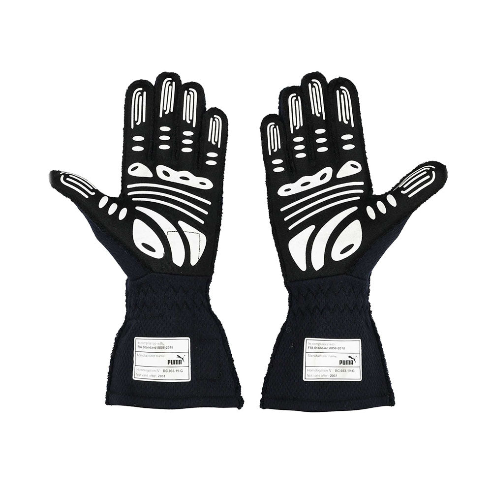Pair of black  Max Verstappen 2021 F1 race gloves with white patterns on a white background
