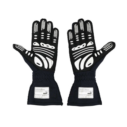 Pair of black  Max Verstappen 2021 F1 race gloves with white patterns on a white background