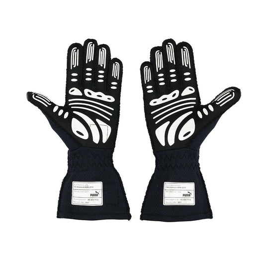Pair of black  Max Verstappen 2021 F1 race gloves with white patterns on a white background
