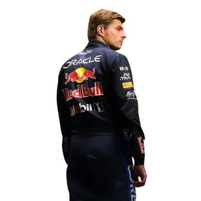 Max Verstappen wearing a Red bull racing suit with various sponsor logos with Close View