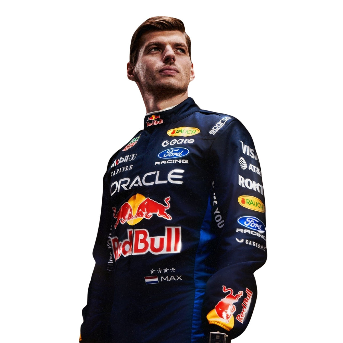 Max Verstappen wearing a Red bull racing suit with various sponsor logos with Close View
