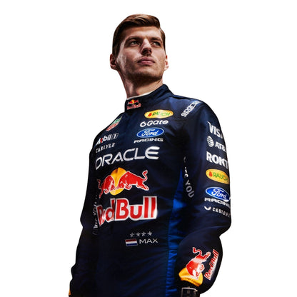 Max Verstappen wearing a Red bull racing suit with various sponsor logos with Close View
