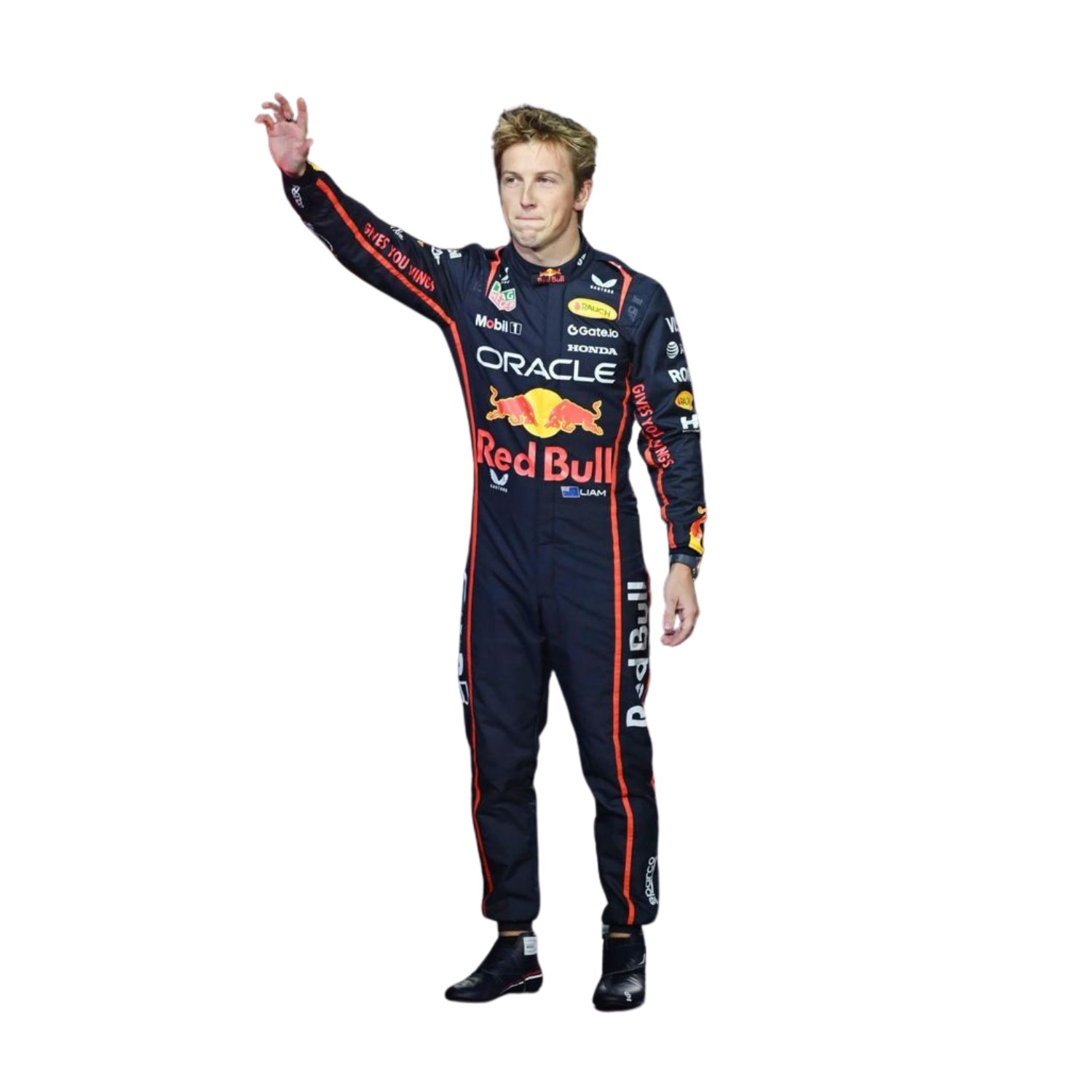 Front view of 2025 F1 racing costume worn by Liam Lawson featuring aggressive contour lines, dynamic stretch zones, and precision sponsor placement in deep navy and crimson tones.