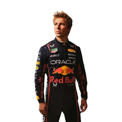 Close-up of premium fabric and stitching on the 2025 Formula 1 costume used by Lawson, highlighting logo detailing and heat-resistant material.