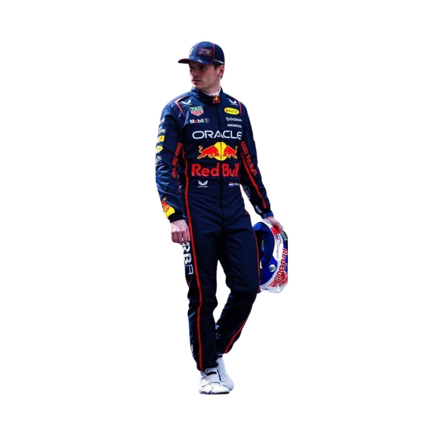 Front view of 2025 F1 racing costume worn by Max Verstappen featuring aggressive contour lines, dynamic stretch zones, and precision sponsor placement in deep navy and crimson tones