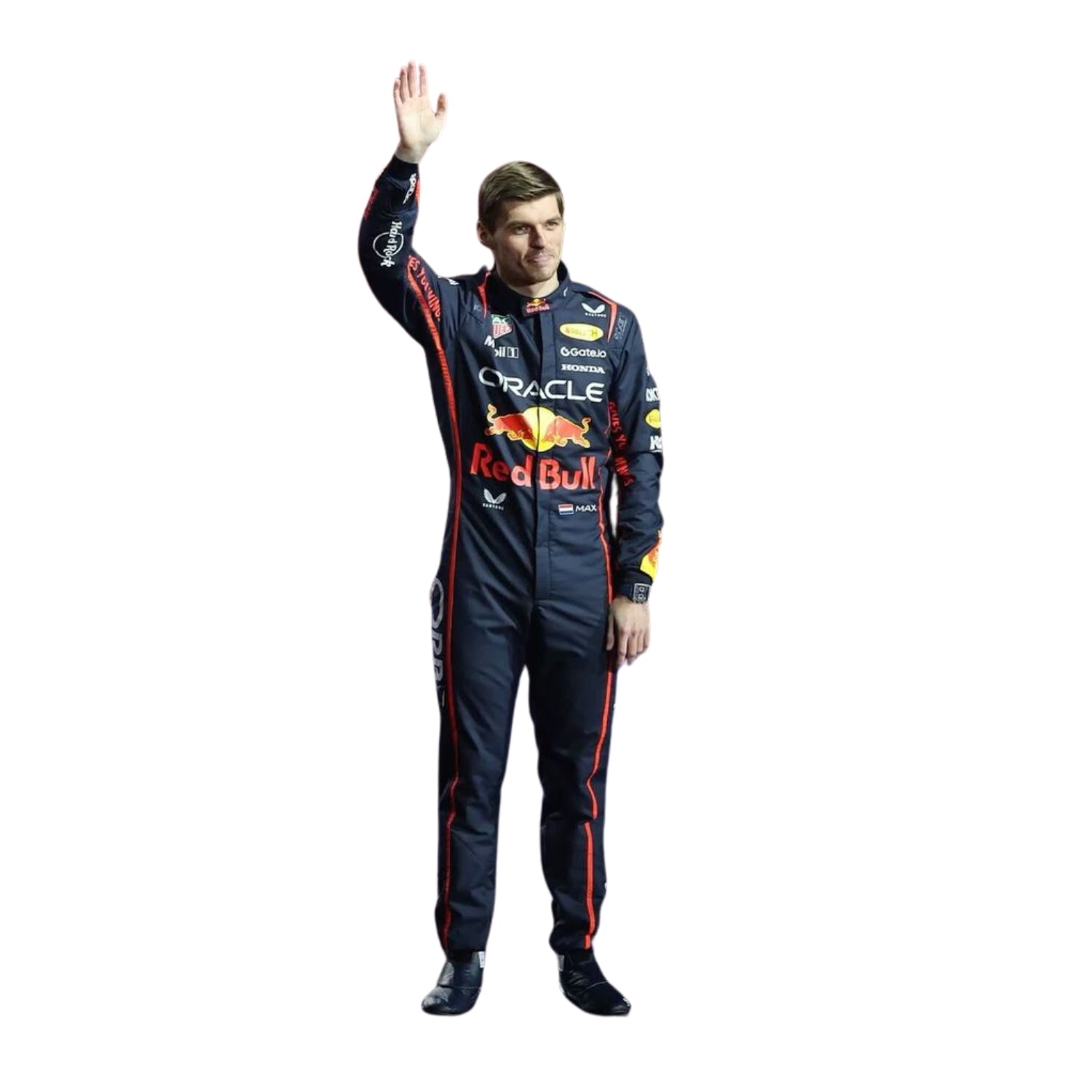 Front view of 2025 F1 racing costume worn by Max Verstappen featuring aggressive contour lines, dynamic stretch zones, and precision sponsor placement in deep navy and crimson tones