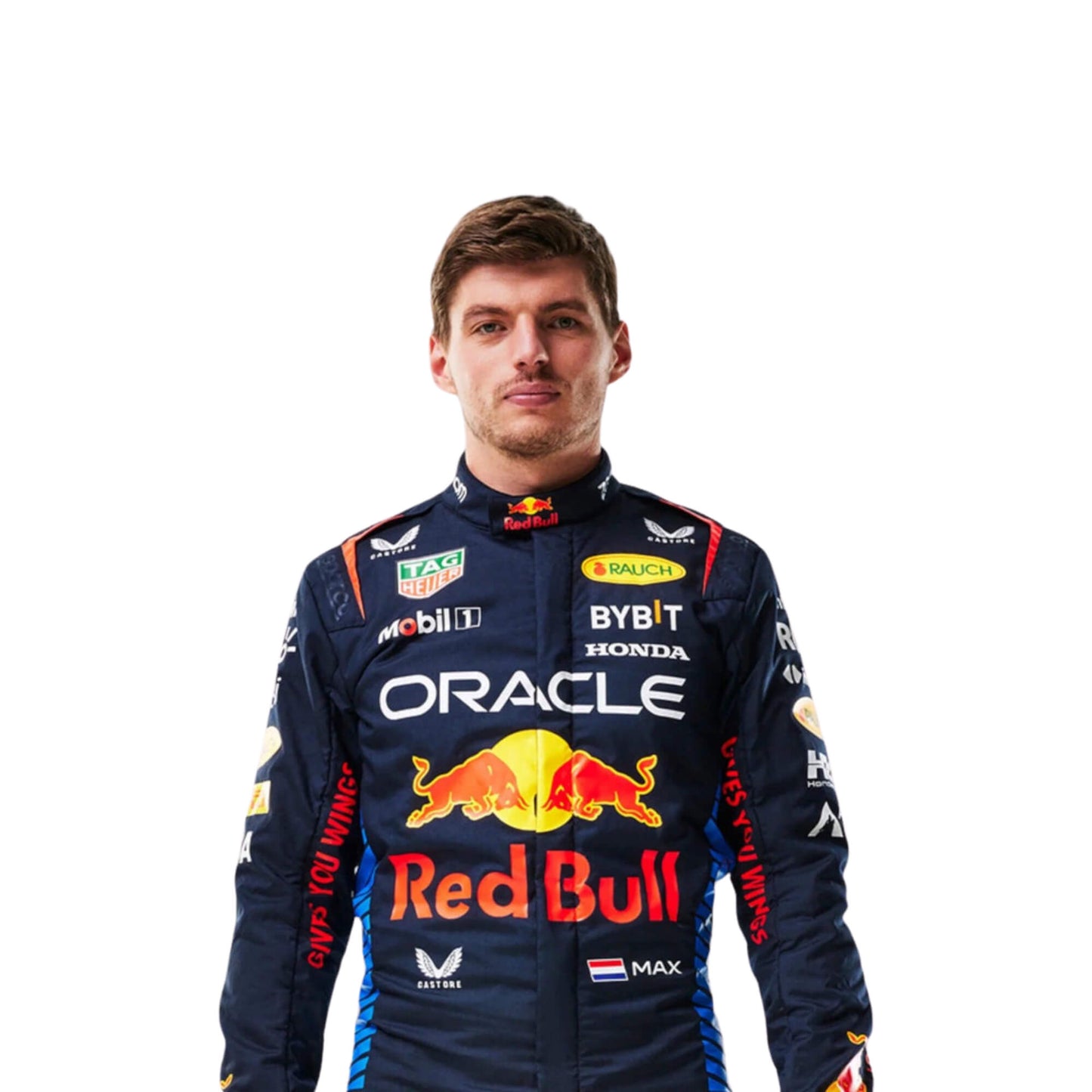 Max Verstappen's 2024 F1 racing suit, front Close up view: sleek navy blue base with bold red and yellow accents, featuring dynamic diagonal stripes and a modern, aerodynamic design