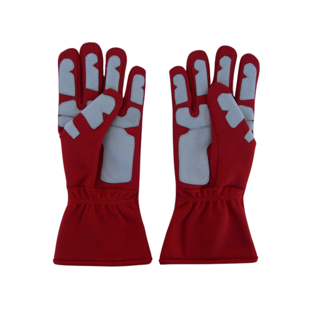 Pair of red Michael Schumacher 2006 F1 Race gloves with gray accents on a white background